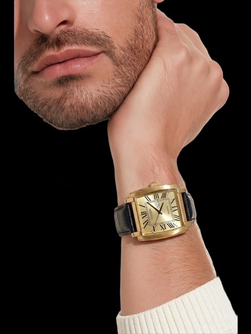 Citizen Quartz dress watch featuring a gold-tone rectangular "tank" Battery Work